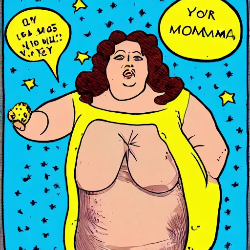 Prompt: your mama is so fat she has her own gravity, comic style, coloured ink