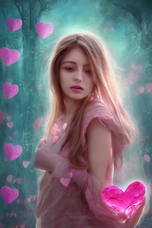 Image similar to a beautiful portrait of a beautiful woman surrounded by pink hearts and love, matte painting, fantasy art