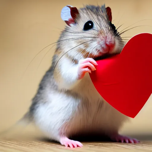 Prompt: detailed photo of a hamster holding a valentine's letter with a red heart on it, various poses, full body, unedited, daylight, dof, sharp focus, 8 k