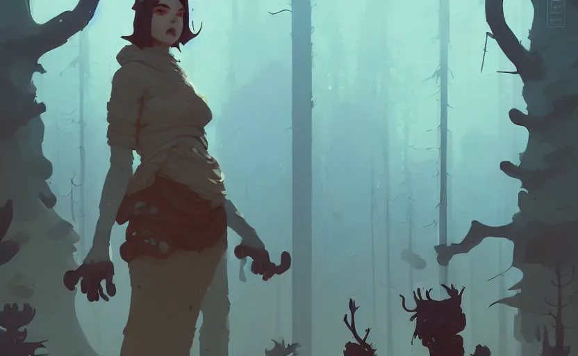 Image similar to female druid by atey ghailan, by greg rutkowski, by simon stalenhag, by greg tocchini, by james gilleard, by joe fenton, by kaethe butcher dynamic lighting, gradient light blue, brown, blonde cream and white color scheme, grunge aesthetic