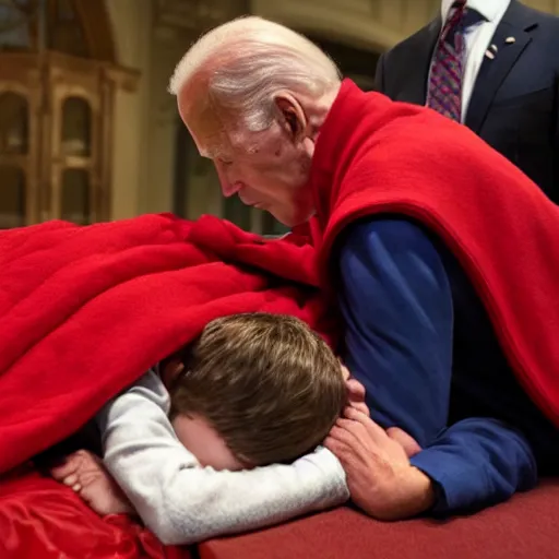 Image similar to joe biden wearing a red cloak and praying next to a sleeping young boy