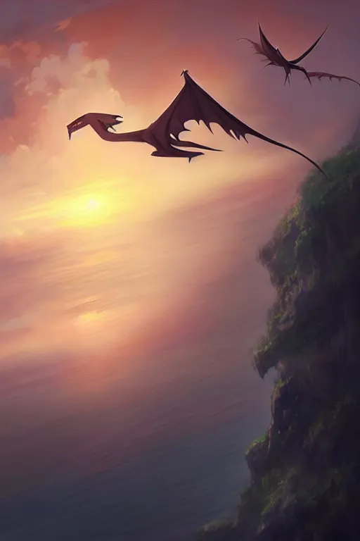 Prompt: a large pterosaur creature hybrid kaiju, large fangs and a long beak, stepping out of the fog high in the sky near a small cliff, sunset, backlit, by makoto shinkai an krenz cushart