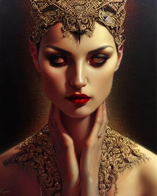 Image similar to portrait of a beautiful goddess, enigmatic beauty, dominant shades of black, gold, silver, dark red, white, head in focus, fantasy art, ornamental aesthetics, intricate, elegant, highly detailed, hyperrealistic painting, artstation, concept art, painterly, sharp focus, illustration, art by karol bak