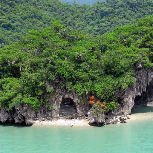 Prompt: an ancient city near jagged peaks next to a mangrove swamp with luch caves near the ocean with a ruined portal nearby