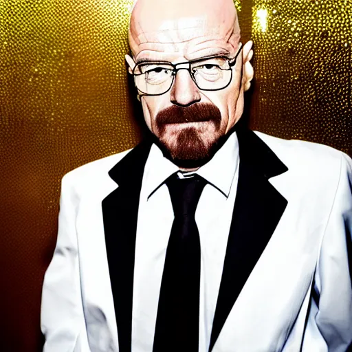 Prompt: walter white in a white tuxedo, wearing white glasses, extremely happy in a busy night club with neon lights everywhere