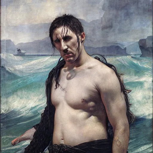 Image similar to trent reznor as a pirate king, god of the ocean by edgar maxence and caravaggio and michael whelan and delacroix