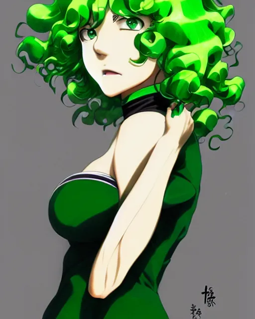 Image similar to tatsumaki from one punch man, green wavy hair, black dress, fine details, sharp focus, intricate, realistic shaded perfect face, by cushart krenz makoto shinkai artgerm ilya kuvshinov rossdraws