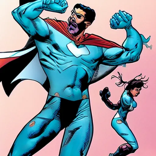 Prompt: Invincible (Image Comics) flying in an heroic pose