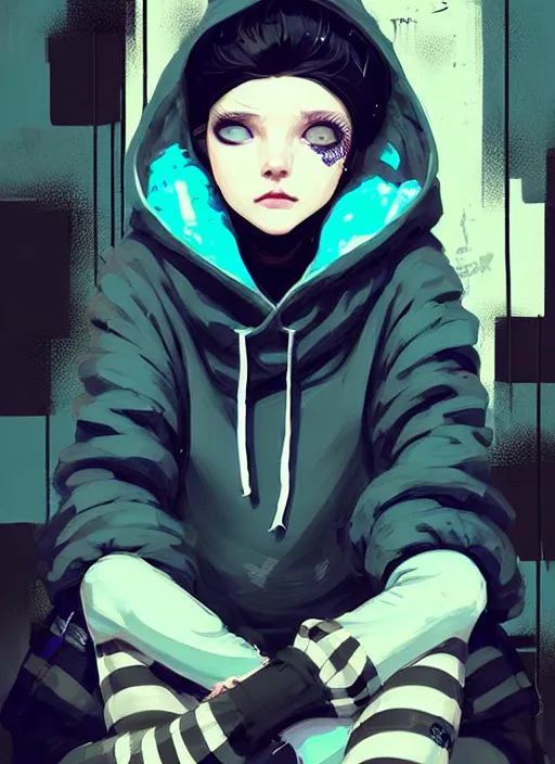 Prompt: highly detailed portrait of a sewer punk lady student, blue eyes, burberry hoodie, white hair by atey ghailan, by greg rutkowski, by greg tocchini, by james gilleard, by joe fenton, by kaethe butcher, gradient blue, black, brown and cyan color scheme, grunge aesthetic!!! ( ( graffiti tag wall background ) )