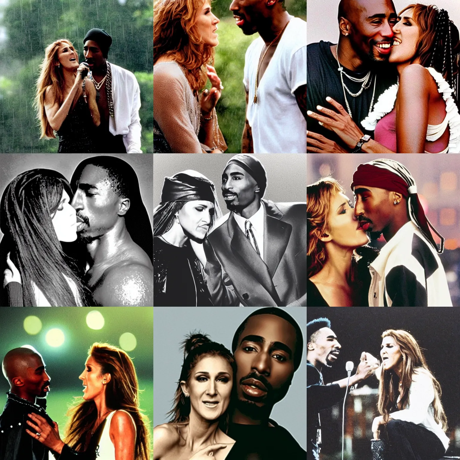 Prompt: tupac singing a romantic duet with celine dion in the rain