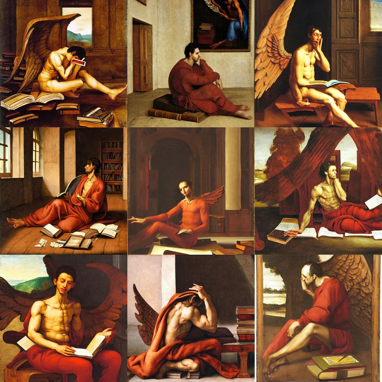 Prompt: a young skinny man with wooden wings sitting on the floor, surrounded by open books, and trying to read , an oil painting by Michaelangelo