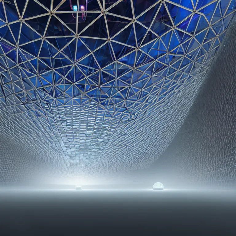 Prompt: an immaculate volumetric path tracing lighting render of a of beautiful iridescent large geodesic dome device at the center of a vast modern datacenter, fog, god rays, and nixie tubes by Zdzisław Beksiński and beeple, beautiful modern colors, ultradetailed, 4k ultra