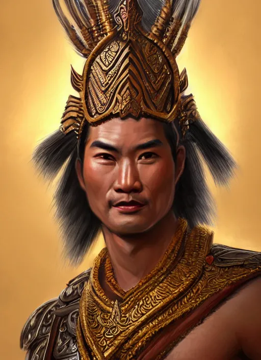 Image similar to smart ramkhamheang, closeup portrait, without beard and mustache, historical hero, ethnic group, tai costume, thai transitional bronze headdress, intricate, with leather armor cross on bare chest, elegant, loin cloth, highly detailed, oil painting, artstation, concept art, matte, sharp focus, illustration, hearthstone, art by earl norem