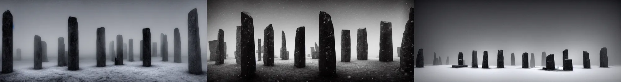 Prompt: neolithic standing stones, a cloaked man stands in the shadows, by henry ossawa tanner and rembrandt, lit by gas lamps, black and white, grainy, snow, highly detailed, gloomy and foggy atmosphere, octane render, cinematic lighting, 8 k, hd
