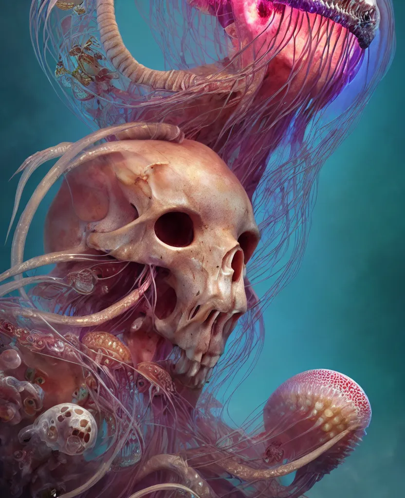 Image similar to goddess close-up portrait ram skull. jellyfish phoenix head, nautilus, orchid, skull, betta fish, bioluminiscent creatures, intricate artwork by Tooth Wu and wlop and beeple. octane render, trending on artstation, greg rutkowski very coherent symmetrical artwork. cinematic, hyper realism, high detail, octane render, 8k