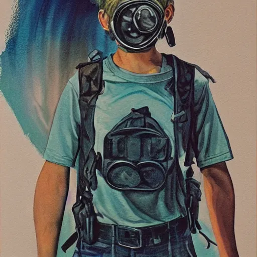 Image similar to detailed details art concept a 1 5 year old teenager, wears a singlet shirt, shorts and fanny packs and sometimes wears a gas mask, handling ak 4 8 in the style of bob peak and alex ross, gouache and wash paints color, detailed details facial and body and human and environments and proportionate, detailed 5 k details.