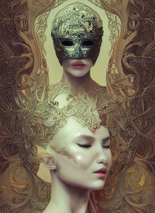 Prompt: a beautiful half - masked woman wearing a venetian mask, intricate, elegant, highly detailed, digital painting, artstation, smooth, sharp focus, dramatic lighting, illuminated lines, outrun, vaporware, intricate venetian patterns, cyberpunk darksynth, by ruan jia and ilya kuvshinov and alphonse mucha