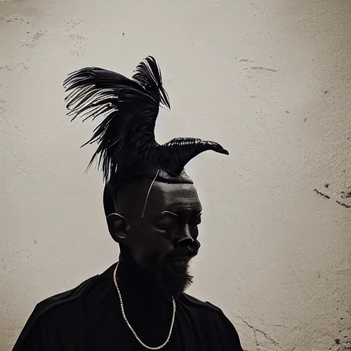 Image similar to a man dressed in black with large black wings, a statue by kubisi art, trending on cgsociety, afrofuturism, angelic photograph, national geographic photo, made of feathers