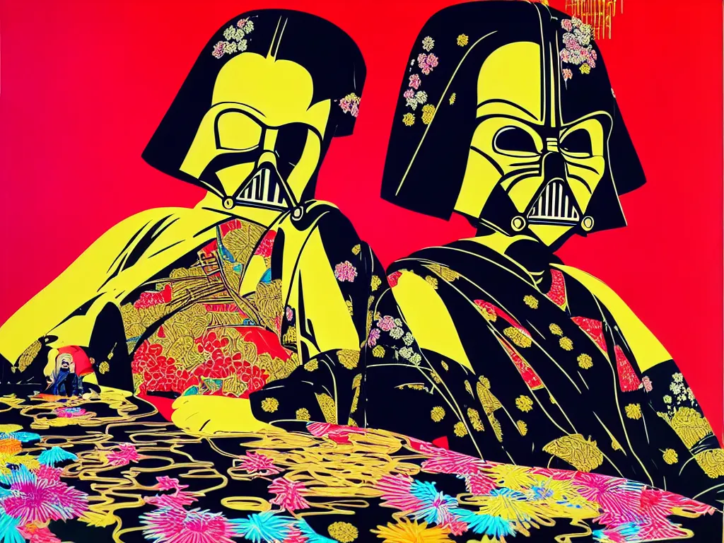 Image similar to hyperrealistic composition of the detailed woman in a japanese kimono sitting at a extremely detailed black jack table with golden darth vader, fireworks, mountain fuji on the background, pop - art style, jacky tsai style, andy warhol style, acrylic on canvas