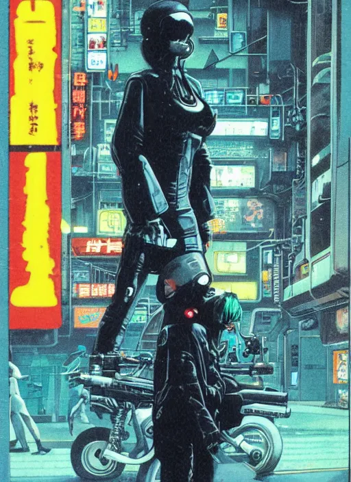 Image similar to 1979 OMNI Magazine Cover of a raven hacker punk in street level neo-Tokyo in cyberpunk 2020 style by Vincent Di Fate