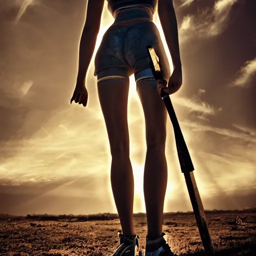 Image similar to a beautiful blond girl with human face and cyborg body standing on top of a pile of sculls, pretty face, perfect face, fine details, 8 k, shallow depth of field, moody lighting, cinematic lighting,