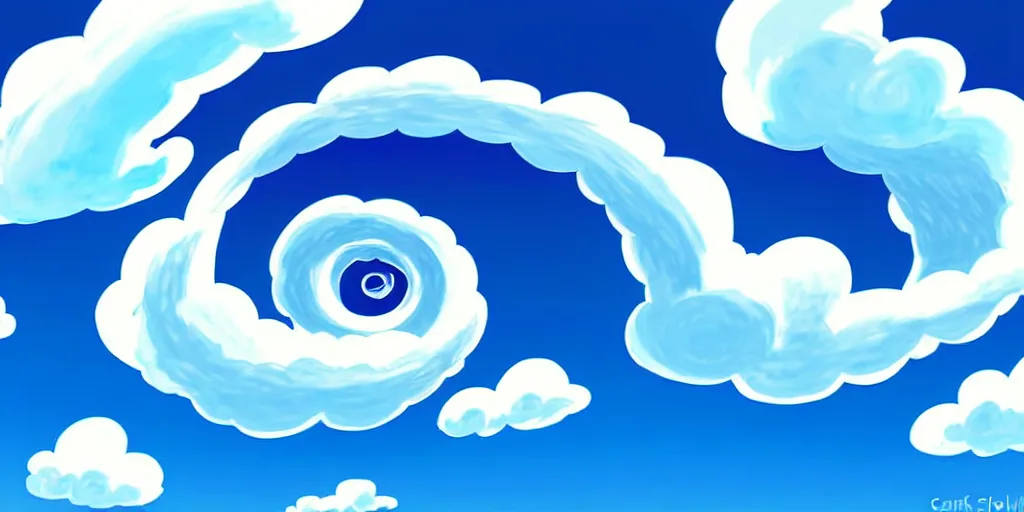 Image similar to cartoon concept art, clean blue sky, spiral clouds, from the hortons