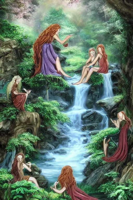 Image similar to beautiful forest dryads playing a quiet game of chess by a mystical waterfall, tranquil scene