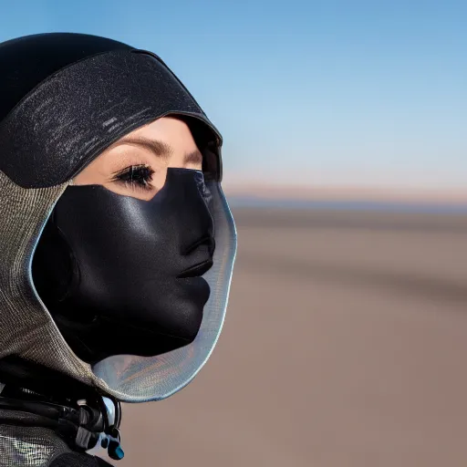 Image similar to photograph of a techwear woman, closeup, on a desert road with a futuristic city in the horizon, long exposure, sigma 85mm f/1.4, 4k, depth of field, high resolution, 4k, 8k, hd, full color