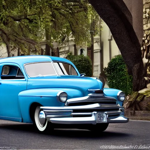 Prompt: a typical american blue car from 1 9 4 9, photography, hyperrealistic