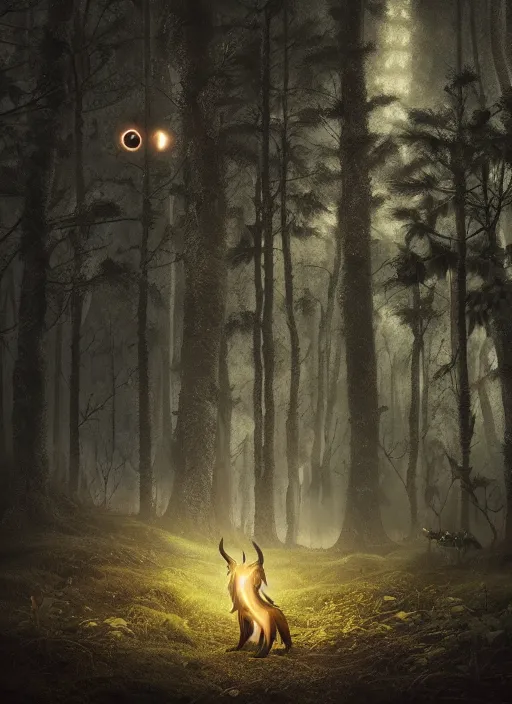 Image similar to a ominous furry creature with long twisted ears standing in a forest, big yellow glowing eyes, dark fantasy, michael kutsche, concept render, beautiful lighting