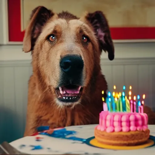 Image similar to large dog eating a birthday cake, photorealistic, 3 5 degree shot, movie still