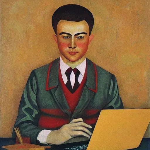 Image similar to detailed intricate soviet realism painting of webdesigner with laptop, heroic, beautiful