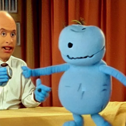 Image similar to still image of hyper realistic mr. meeseeks as a guest star on seinfeld, cinematic ( 1 9 9 4 )