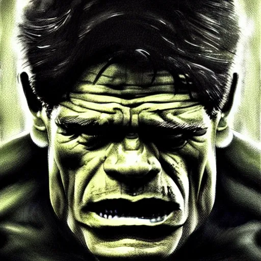 Image similar to willem defoe transforming into the hulk, cinematic shot, painting by jama jurabaev, extremely detailed, brush hard, artstation, high quality, brush stroke