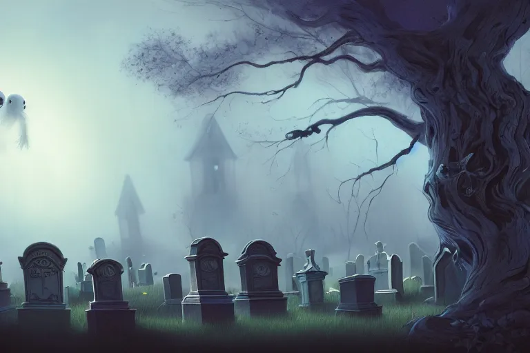 Image similar to casper the friendly ghost flying over a graveyard at midnight, many other ghosts living in a haunted tree, haunted house in the background, cinestill, painted by james jean and gaston bussiere, very detailed and cute and cozy and transparent, backlight, fog, mist, trending on artstation