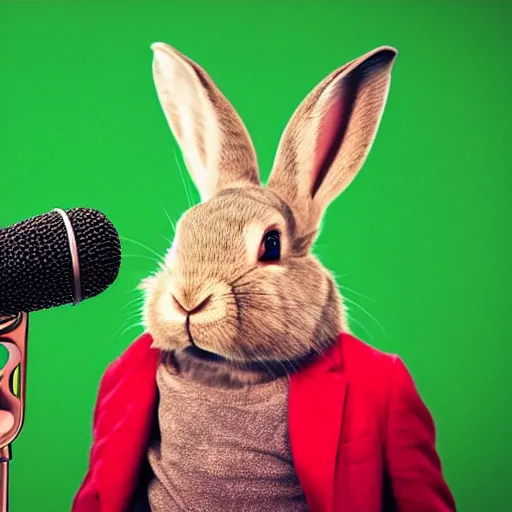 Image similar to a rabbit singing into a microphone, green and pink and red lights, photorealistic