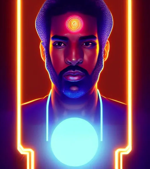 Image similar to symmetry!! egyptian king of technology, solid cube of light, hard edges, product render retro - futuristic poster scifi, lasers and neon circuits, brown skin handsome egyptian king, intricate, elegant, highly detailed, digital painting, artstation, concept art, smooth, sharp focus, illustration, dreamlike, art by artgerm