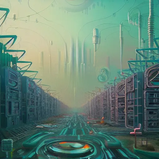 Image similar to beautiful painting of anemone city in the dreams of a mainframe in the style of Simon Stålenhag and H. R. Giger, detailed, trending on Artstation