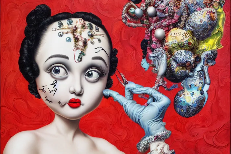 Prompt: betty boop figure by james jean and salvador dali and shusei nagaoka, oil on canvas, exquisitely intricate details, surrealism, neoclassicism, renaissance, hyper realistic, ultra detailed, cell shaded, 8 k