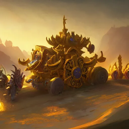 Prompt: a golden battle chariots, yellow magic theme, bright art masterpiece artstation. 8 k, sharp high quality artwork in style of jose daniel cabrera pena and greg rutkowski, concept art by tooth wu, blizzard warcraft artwork, hearthstone card game artwork, cart wheels