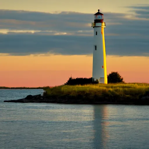 Prompt: lighthouse at dusk in a new england field