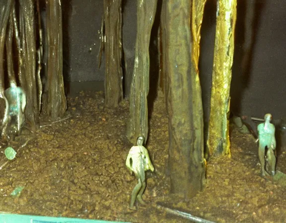 Prompt: forest glen opening with figure film still 1 9 9 2 industrial neon water mold rot