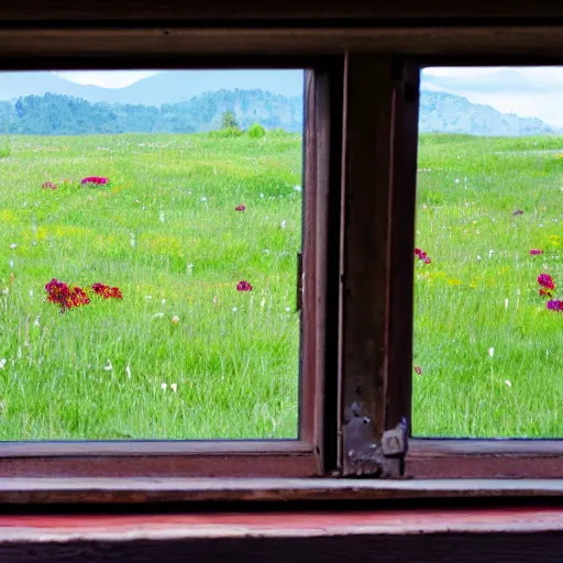 Prompt: <photograph accurate=true quality=very-high>looking out the window at a serene meadow</photograph><object side=inside>flowers</object>