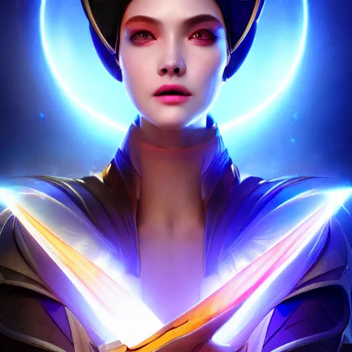 Prompt: A sorcerer wielding a futuristic super weapon, bust shot, smooth, intricate, elegant, power aura, digital painting, artstation, concept art, high tech fantasy, sharp focus, illustration, art by Zhang Jingna-H 640
