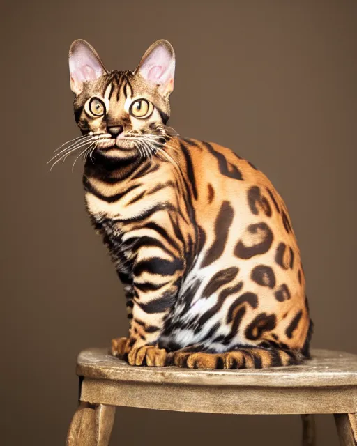 Image similar to medium format Bengal Cat Photography, Hyperreal, 8k in the style of Annie Leibovitz