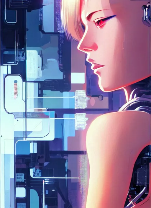 Image similar to side portrait of blonde cyborg girl with robotic parts | | head only in center of image, audrey plaza, fine detail!! anime!! realistic shaded lighting!! poster by ilya kuvshinov katsuhiro otomo ghost - in - the - shell, magali villeneuve, artgerm, jeremy lipkin and michael garmash and rob rey