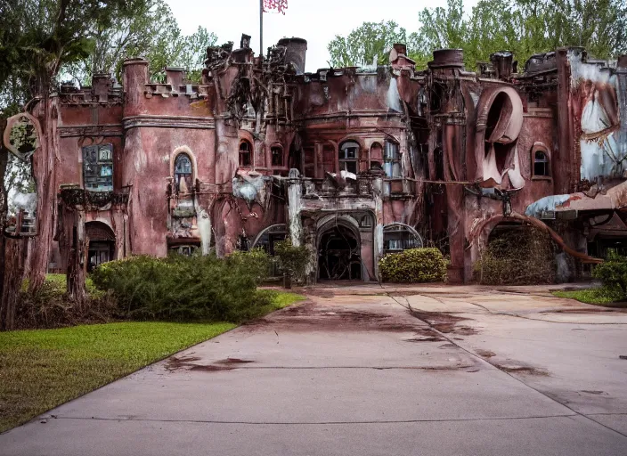 Prompt: cinematic shot of the outside of the Disney world park, shut down, abandoned, Florida, out of business, castle is falling apart and rusted, got shut down, kids place, liminal spaces, backrooms, empty, overgrown with weeds, crumbling, destroyed castle, completely obliterated, Disney world, theme park, dusty, Detroit, horror game, ugly, Disney, old and dirty, water damage, garbage everywhere, landfill