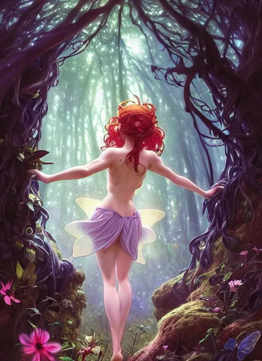 Prompt: full body picture of a fairy in the magical forest, looking at the camera curiously, glowing hair, dramatic pose, beautiful and aesthetic, intricate, highly detailed, detailed face, smooth, sharp focus, chiaroscuro, artgerm, greg rutkowski, ilya kuvshinov, rossdraws, alphonse mucha, fantasy light novel cover art