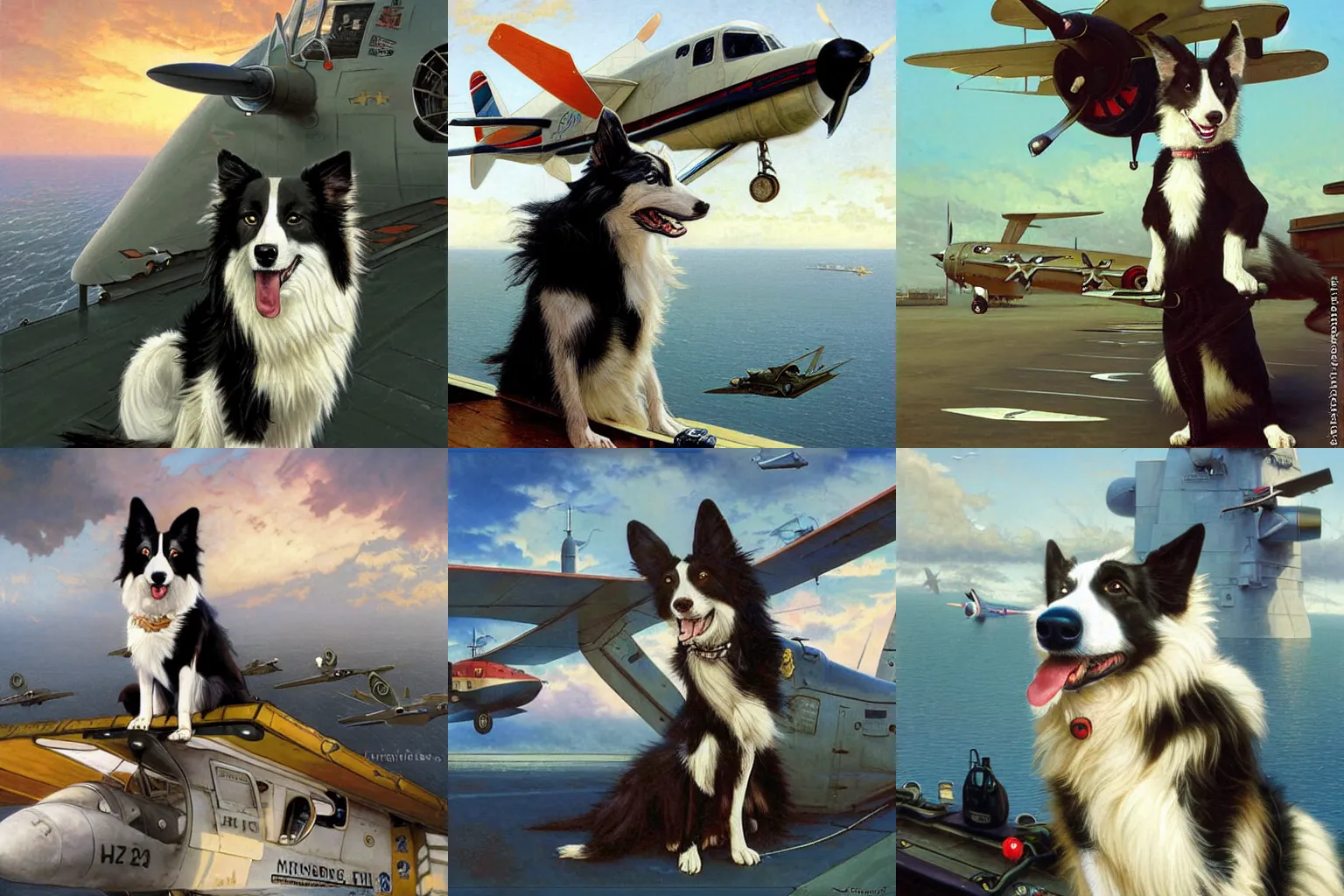 Prompt: furry anthropomorphic border collie aviator fursona posing in front of his propeller plane on an aircraft carrier. Renowned character illustration by greg rutkowski, thomas kindkade, alphonse mucha, loish, norman rockwell. Trending on furaffinity. Digital Art.