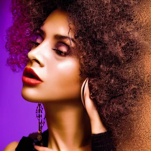 Image similar to gorgeous sultry model with a curly afro, cinematic pose, intricate hair details, jewellery, big hooped earrings, long nails, off the shoulder shirt, soulful, pouty lips, real life details, soft shadows, sharp focus, volumetric lights, rim light, character details, 3 d, award winning, model, beautiful, gorgeous